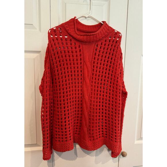 Free People Red Open Knit Mock Neck Sweater Unique Cable Chunky Oversized - Picture 2 of 7